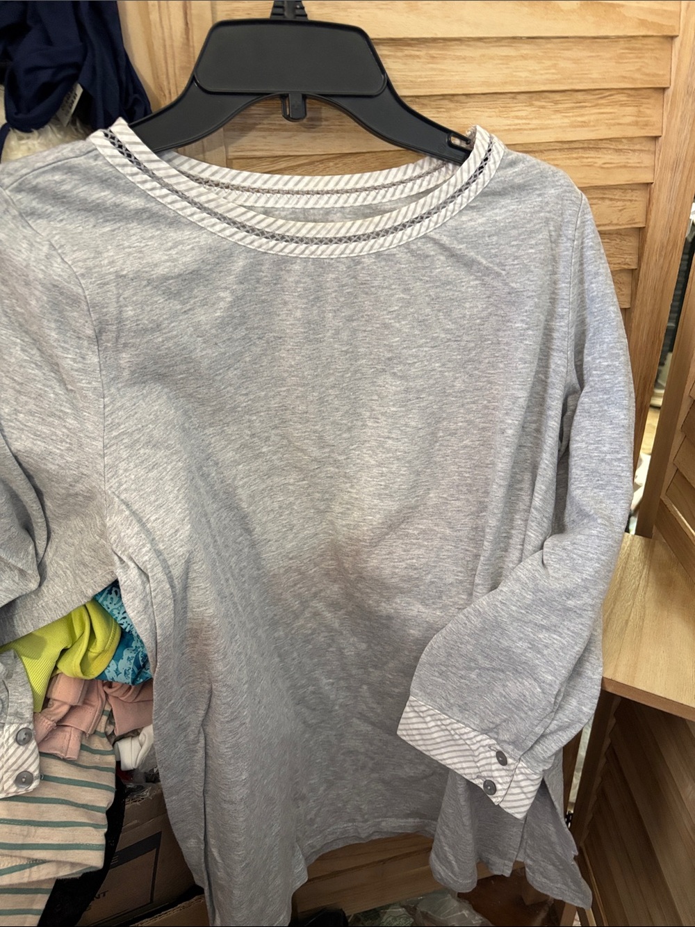 Talbots Light Gray Stripe-Trim Women's Long Sleeve Top Large